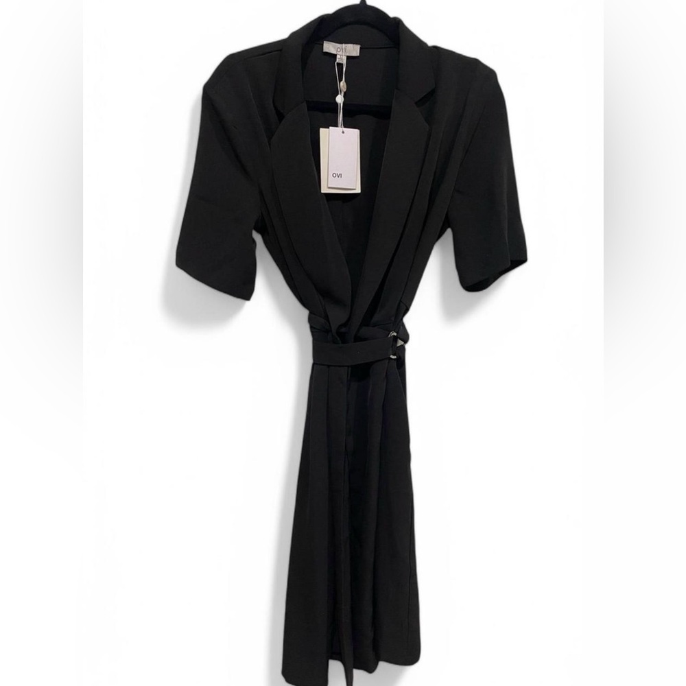 NWT Women's Ovi Bohme Black Belted Wrap Midi Dress Large Collared‎ Work Business